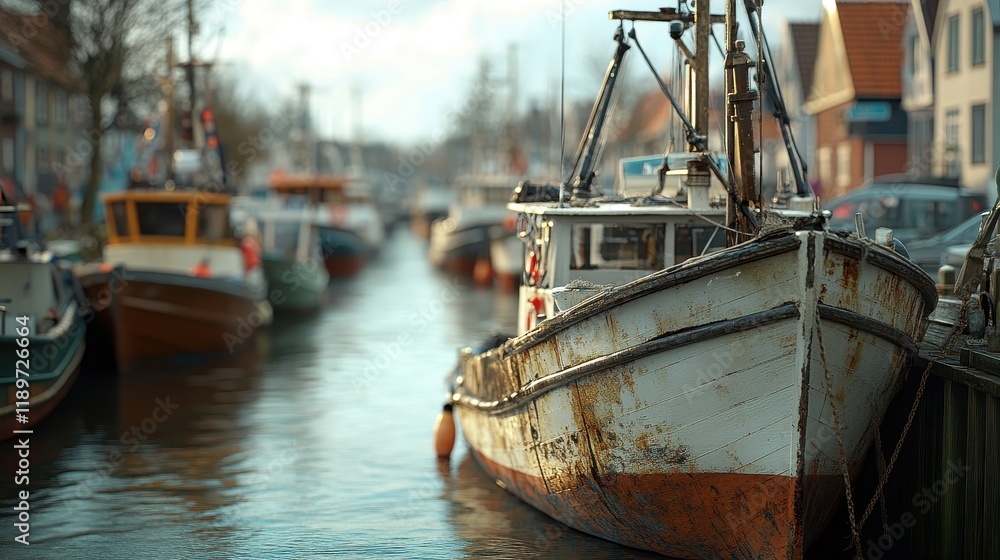 Rusty fishing boat moored in peaceful harbor with quaint village background Rusty fishing boat moored in peaceful harbor with quaint village background