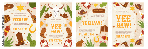 Set of Wild West party invitation templates featuring cowboy hats, boots, cacti, lanterns, sheriff badges, and decorative elements. Template for event design and print