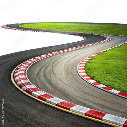 A dynamic race track features a sharp curve marked by noticeable skid marks surrounded by lush green grass under bright conditions