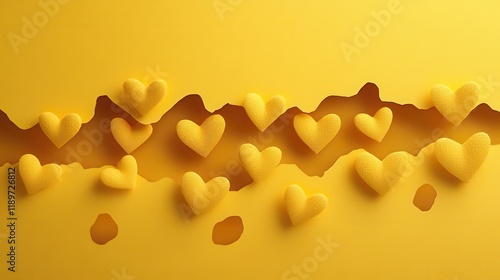 Yellow textured hearts on torn paper background
