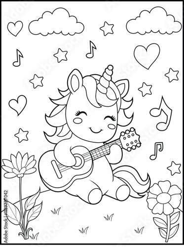 Printable Unicorn coloring page for kids. a cute unicorn playing guitar. Adorable unicorn cartoon characters for children's activity books.
