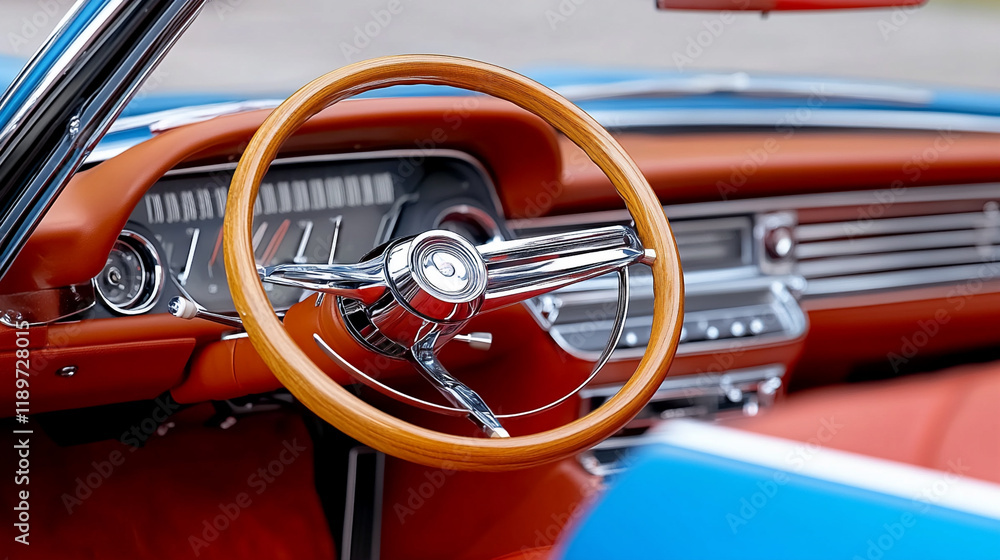 Naklejka premium Interior View of a Classic Retro Car Showcasing Vintage Design Details and Craftsmanship