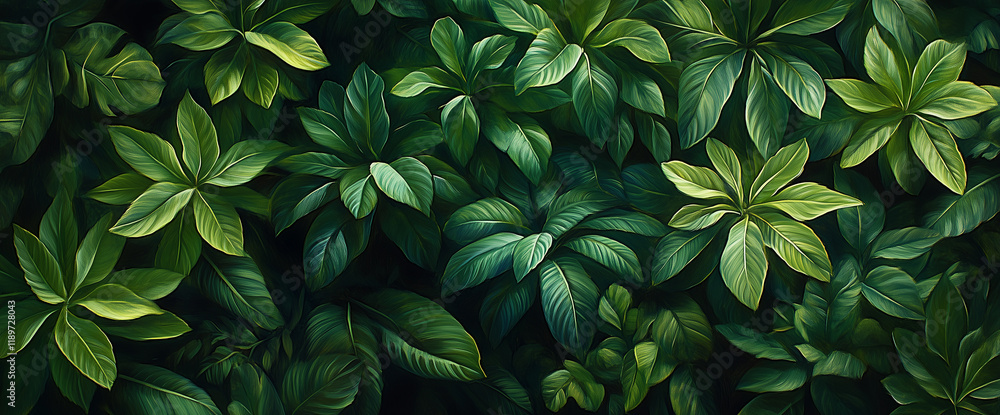 Top view of lush, green tropical leaves and plants against a dark, natural background. This image evokes a sense of a dense, verdant environment. Top view of lush, green tropical leaves and plants against a dark, natural background. This image evokes a sense of a dense, verdant environment.