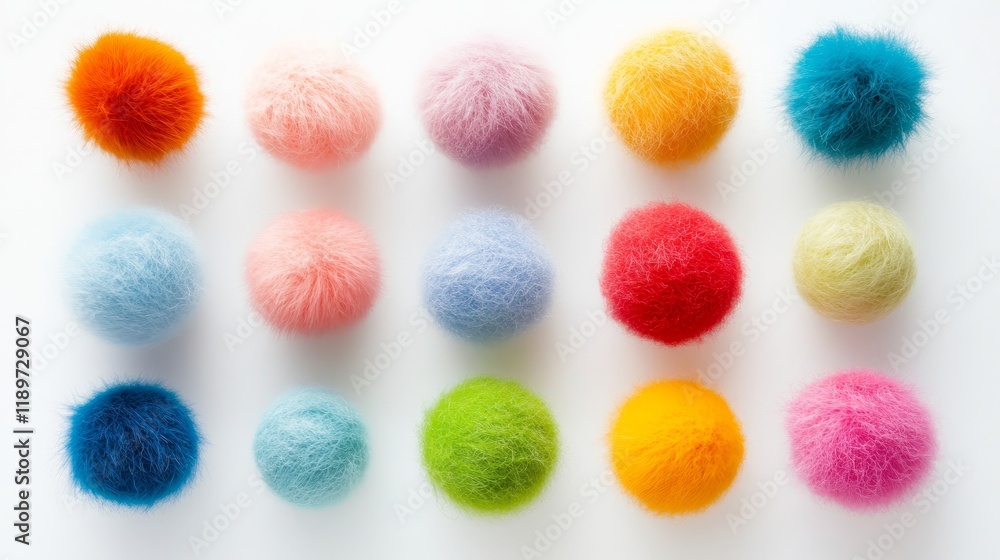 Soft and fluffy wool pompons, forming cuddly balls and fuzzy spheres, ideal as colorful knit toys. These 3D illustrations showcase realistic and modern designs. Soft and fluffy wool pompons, forming cuddly balls and fuzzy spheres, ideal as colorful knit toys. These 3D illustrations showcase realistic and modern designs.