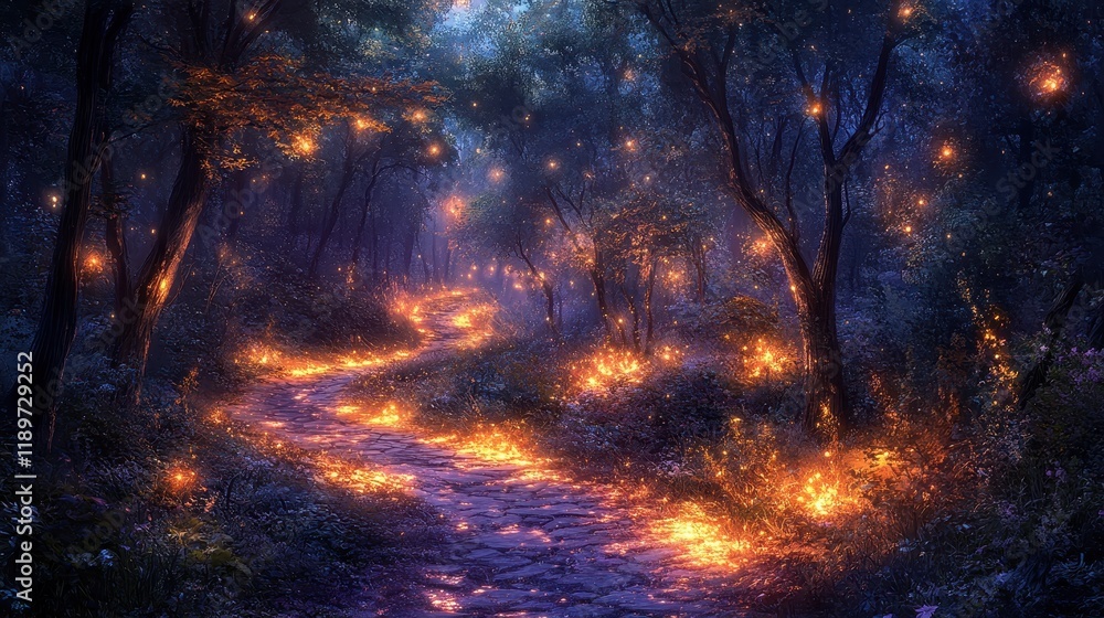 A mystical forest path illuminated by glowing lights and warm hues. A mystical forest path illuminated by glowing lights and warm hues.