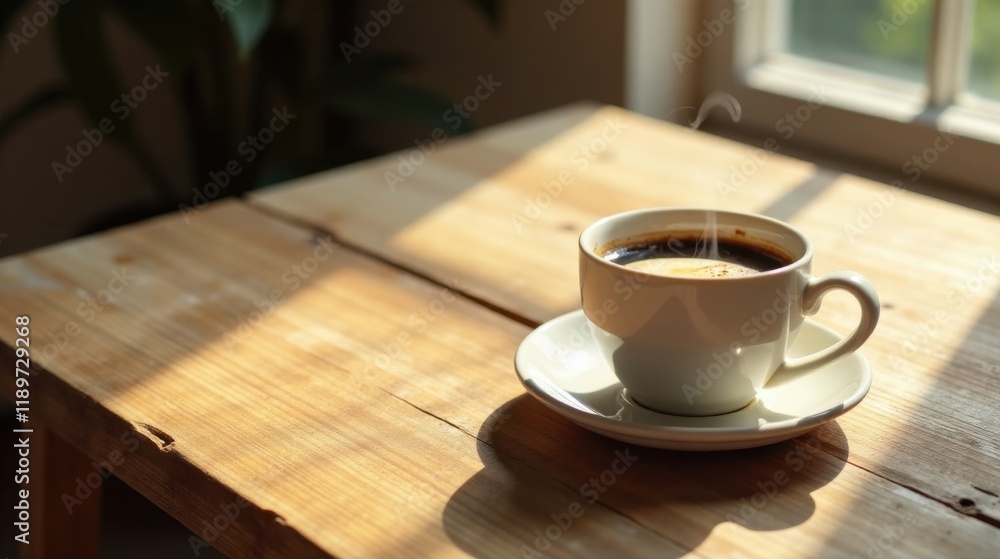 Aromatic Coffee Steam Rising from a White Cup on a Sunny Wooden Table