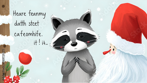 Raccoon apologizes to santa for mischief in a whimsical holiday illustration featuring feral friends. Feral. Illustration photo