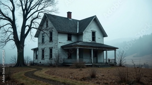 A weathered farmhouse stands solitary, shrouded in mist, a lonely sentinel on a path winding through autumnal grasses, near a leafless tree.