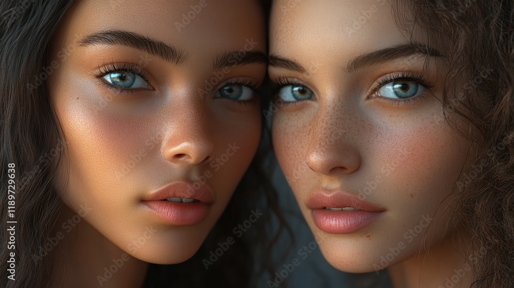 Close-up portrait of two young women with blue eyes and natural makeup Close-up portrait of two young women with blue eyes and natural makeup