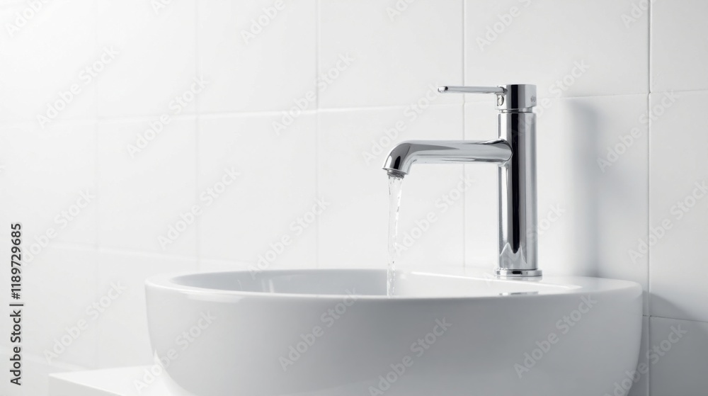 Fototapeta premium Clean modern chrome faucet pouring water into a pristine white basin against a bright tiled backdrop