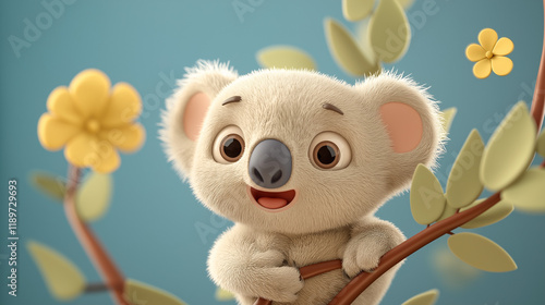 Adorable koala bear cub in a tree.
