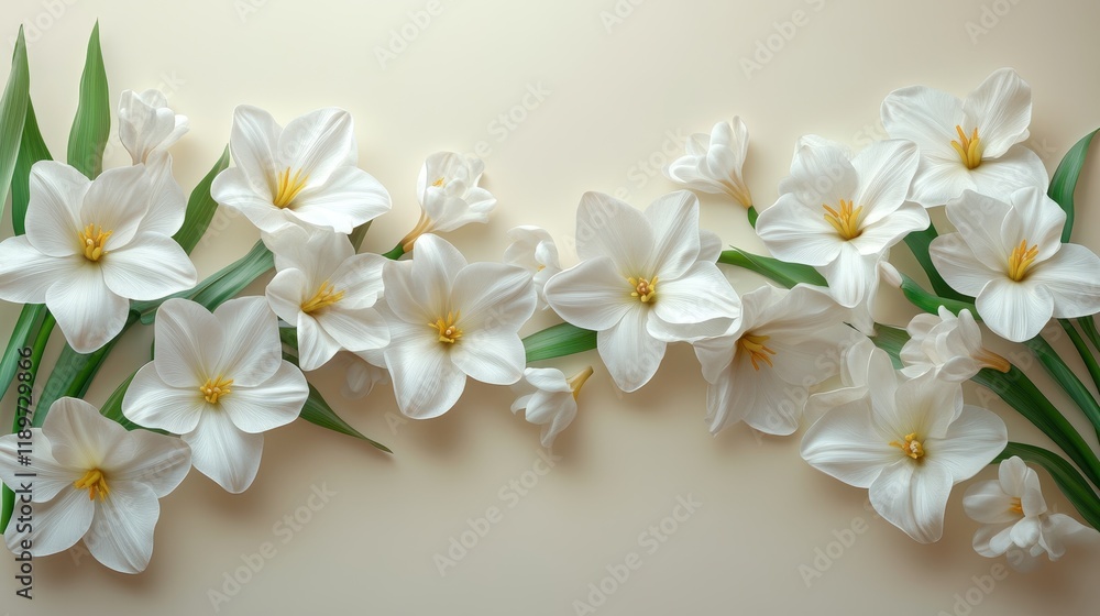 Elegant white lillies spread on cream background with green leaves Elegant white lillies spread on cream background with green leaves