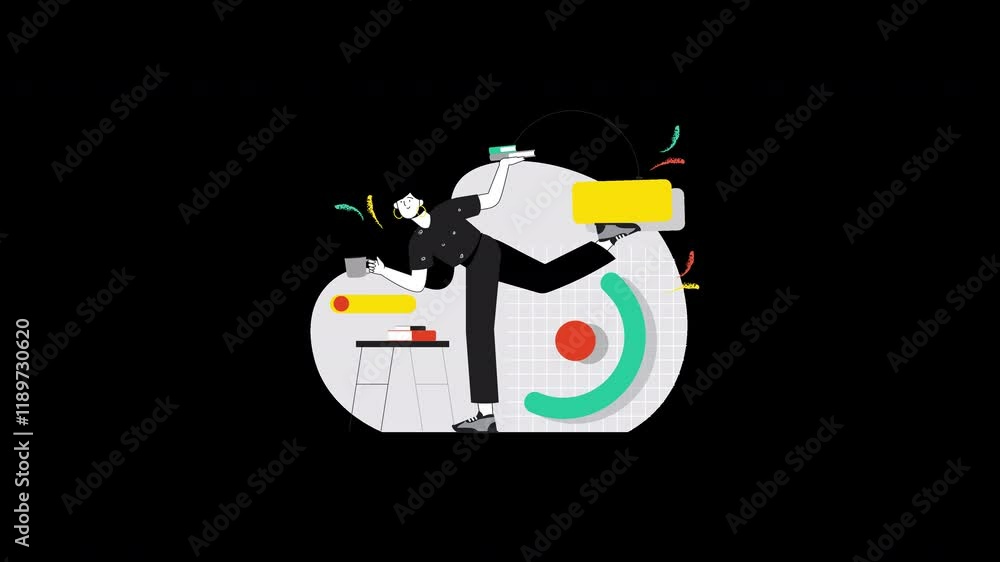 A character balancing on one foot, illustrating creativity and focus in a playful, cartoon style with bright colors. A character balancing on one foot, illustrating creativity and focus in a playful, cartoon style with bright colors.