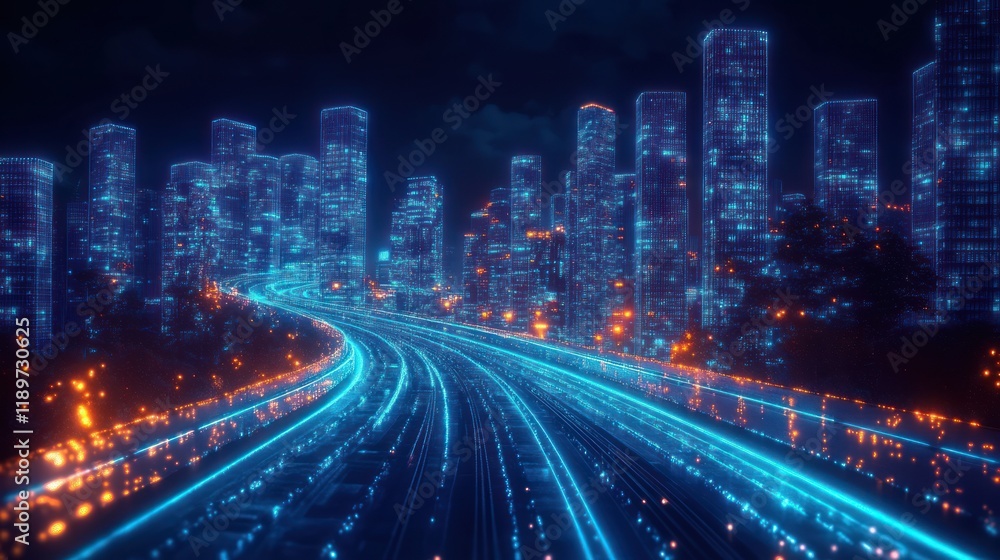 Futuristic City Nightscape with Cyberpunk Art, Digital High-Speed Network and Abstract Highway Paths Futuristic City Nightscape with Cyberpunk Art, Digital High-Speed Network and Abstract Highway Paths