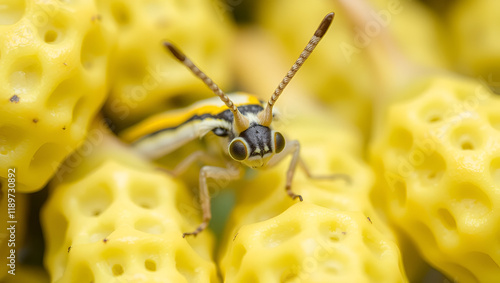 Close-up silkworm moth on yellow cocoons photo