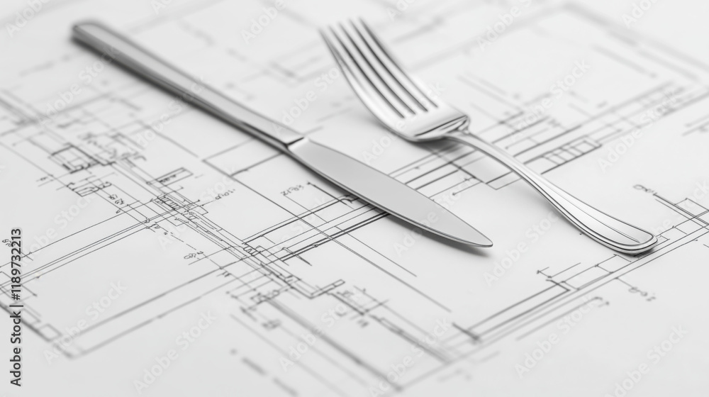 Fork and Knife Symbol on a Restaurant Kitchen Blueprint Highlighting Functionality and Modern Culinary Design Fork and Knife Symbol on a Restaurant Kitchen Blueprint Highlighting Functionality and Modern Culinary Design