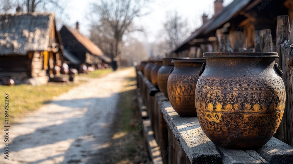 Traditional clay pots in sunlit rural village pathway