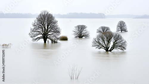 A row of tree and shrub crowns still visible in spite of the floodwater of the overflooding Rhine river near Cologne in winter, Germany, Europe photo