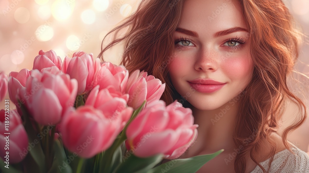 Young woman smiling with bouquet of pink tulips in soft focus light Young woman smiling with bouquet of pink tulips in soft focus light
