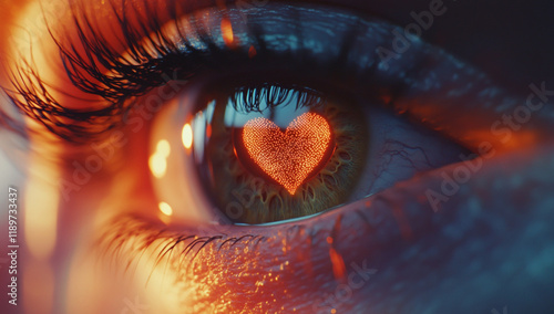 A Romantic Close-up of an Eye with Heart-Shaped Contact Lenses, Reflecting the Spirit of Valentine's Day
