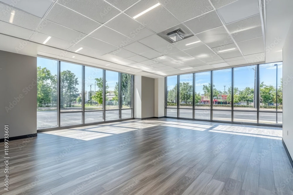 Fototapeta premium bright modern office with vibrant coworking space large windows