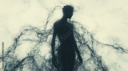Silhouette of a person enveloped in dark, ethereal energy, suggesting mystery, spirituality, or the supernatural.