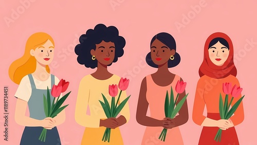 Women of different nationalities with flowers in their hands on a pink background. International women with tulips on Women's Day. Women's day card.Mother's day card.