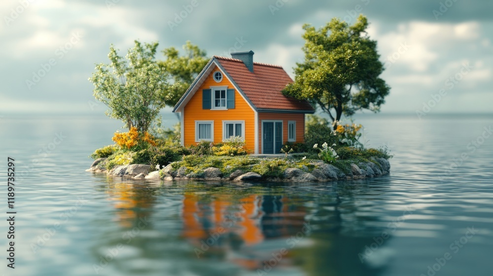Small orange house on a tranquil island in calm water, surrounded by lush greenery. Small orange house on a tranquil island in calm water, surrounded by lush greenery.