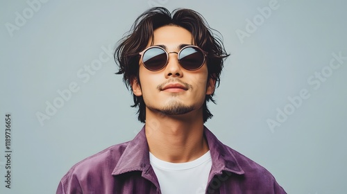 紫色の服を着てサングラスをかけた若い日本人男性