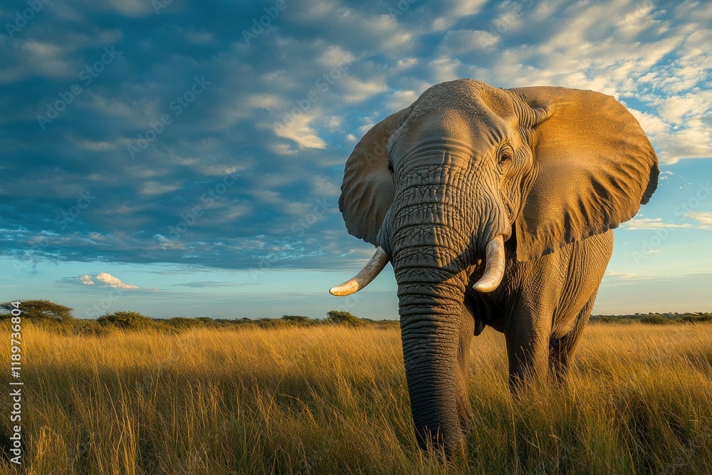 Fototapeta premium Majestic African elephant in golden savanna at sunset.