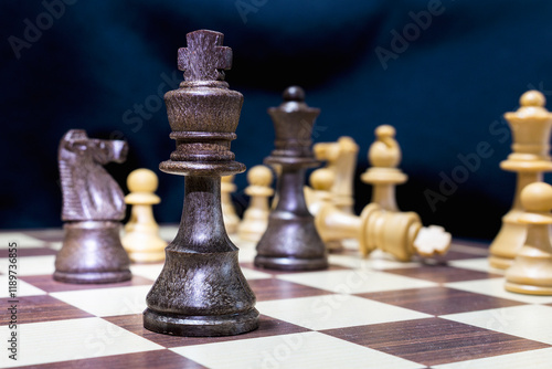 Chessmen photographed on a chessboard with a dark background
