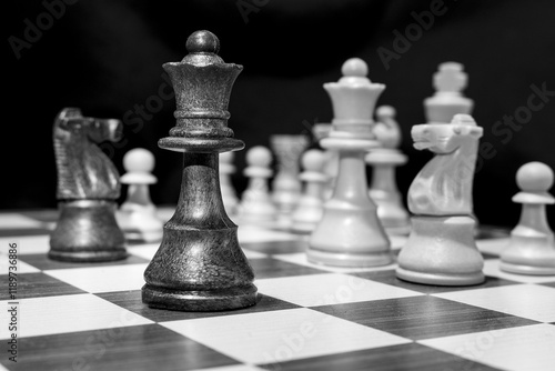 Chessmen photographed on a chessboard with a dark background
