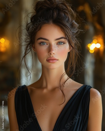 Closeup portrait of a young, beautiful Caucasian woman with freckles wearing a black dress. photo