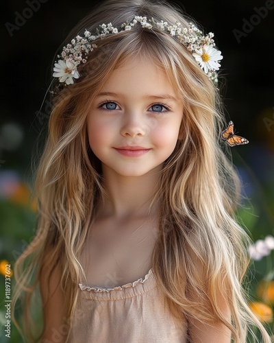 Portrait of a cute blonde girl wearing a flower crown, with a butterfly nearby. photo