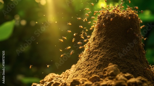 A vivid image of a termite mound with worker termites busily climbing photo