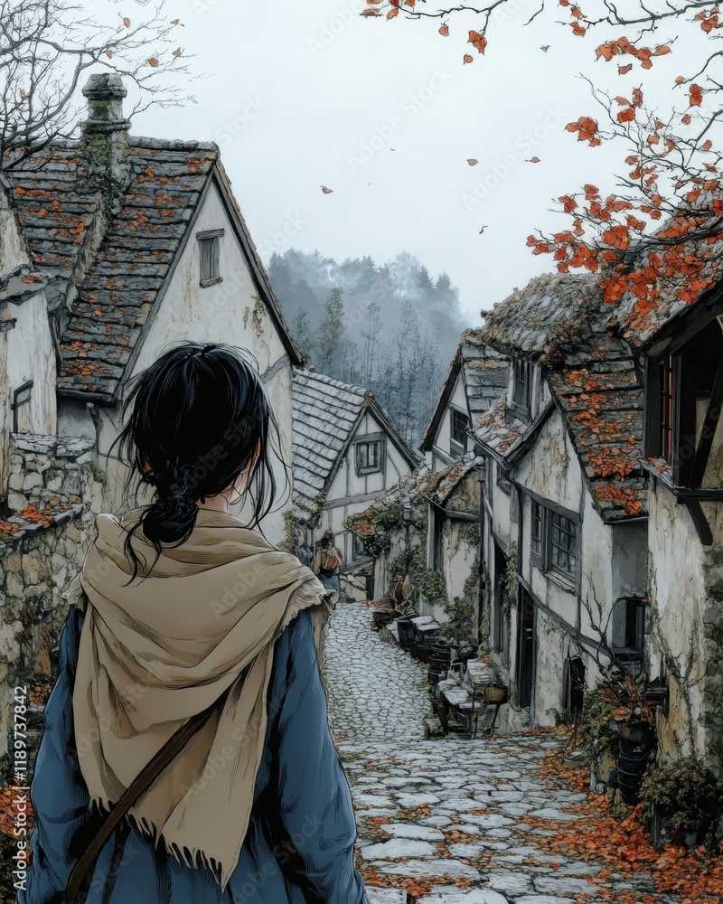 Naklejka premium A young woman walks away from the viewer down a cobblestone street in a medieval village during a cloudy autumn day.