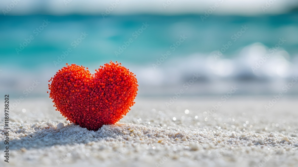 Fototapeta premium Red heart beach sand ocean wave romance