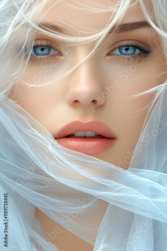 Closeup portrait of a young Caucasian woman with blonde hair and blue eyes, partially covered by a sheer white veil. photo