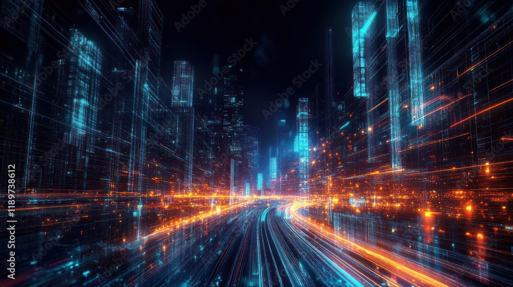 Futuristic Cyberpunk Cityscape with Neon Light Trails and Dynamic Perspectives in a High-Speed Digital Environment Futuristic Cyberpunk Cityscape with Neon Light Trails and Dynamic Perspectives in a High-Speed Digital Environment