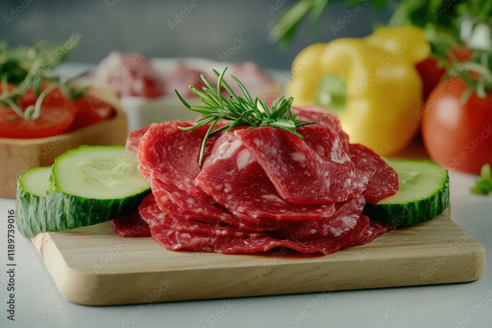 Freshly Sliced Salami with Cucumbers and Colorful Vegetables on a Wooden Cutting Board for Culinary and Food Photography Freshly Sliced Salami with Cucumbers and Colorful Vegetables on a Wooden Cutting Board for Culinary and Food Photography
