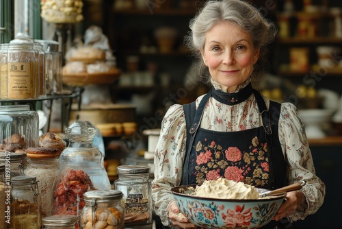 A smiling elderly Caucasian woman bakes in her vintage bakery. photo