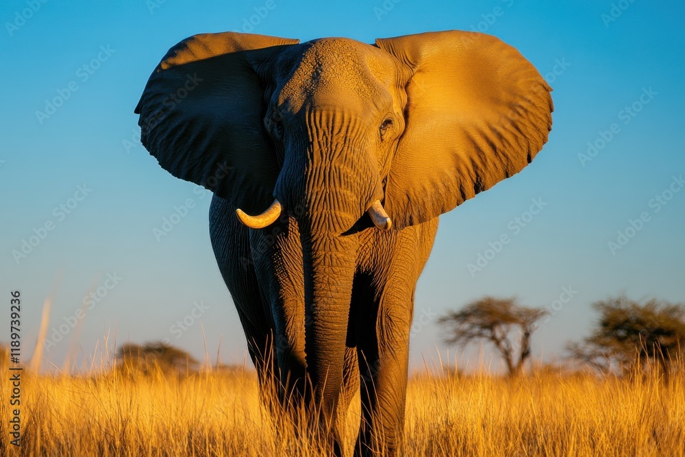Fototapeta premium Majestic African elephant standing tall in golden savanna grass under a vibrant blue sky.