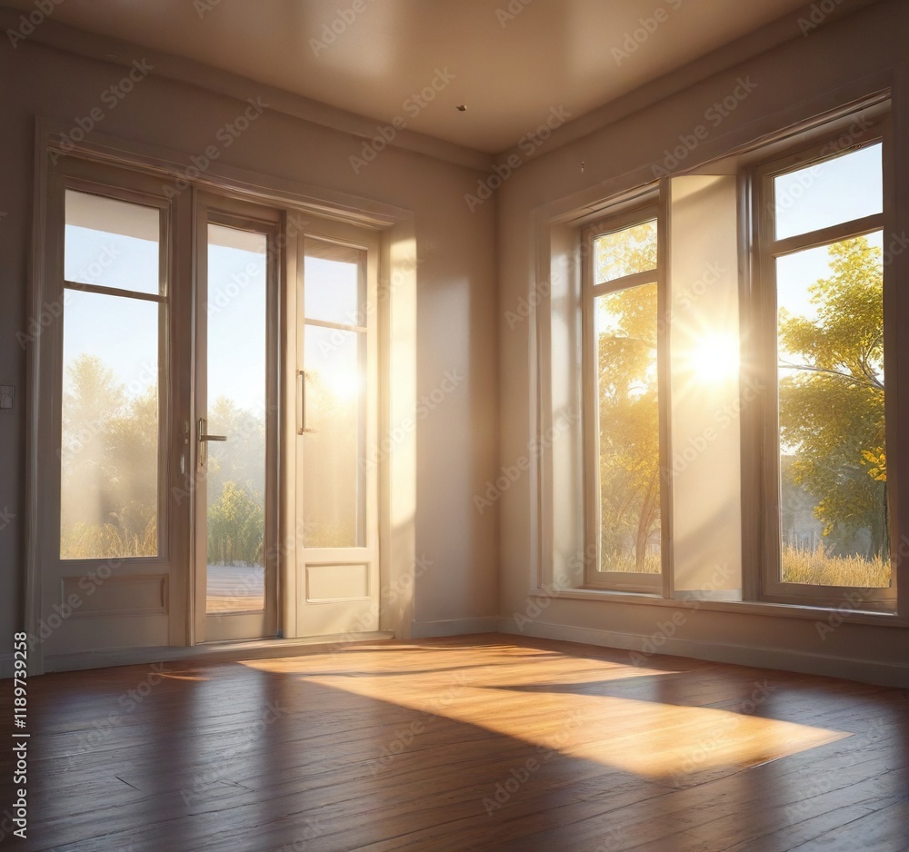 Fototapeta premium Morning sun streaming through a window into the room, stream, sunlight