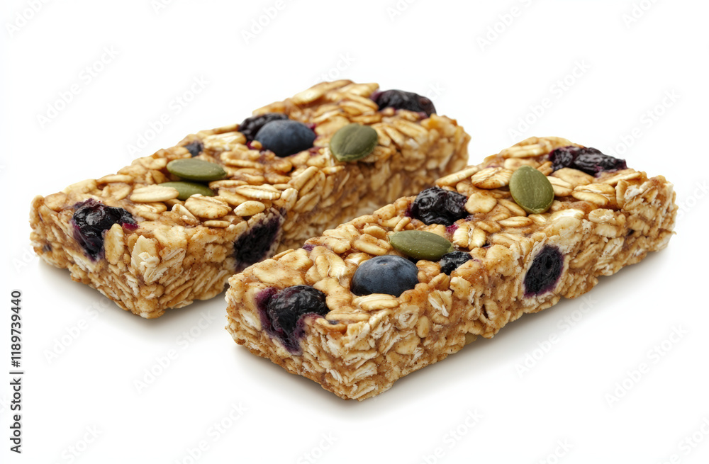 three granola bars with blueberries and pumpkin seeds, arranged on the right side against a white background. three granola bars with blueberries and pumpkin seeds, arranged on the right side against a white background.