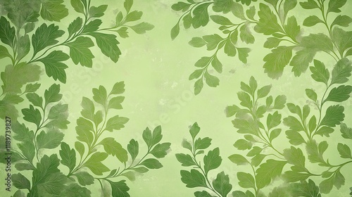 Intricate green leaf pattern wallpaper organic shapes. Seamless design ideal for wallpaper, fabric. Calming effect suitable for home decor. Vivid leafy patterns evoke springtime summer vibe. Vintage photo