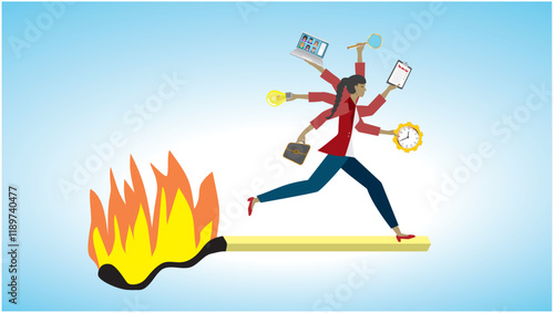 Woman running fast on burning match stick, trying to do several things. Stress and burnout.Dimension 16:9. Vector illustration.