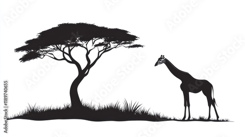 Giraffe silhouette, acacia tree, African savanna, wildlife design photo