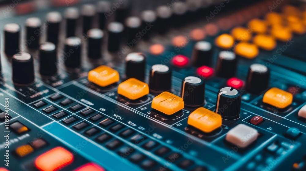 Professional Audio.Close-Up Of Mixing Console With Faders And Knobs For Adjusting Sound Levels Professional Audio.Close-Up Of Mixing Console With Faders And Knobs For Adjusting Sound Levels