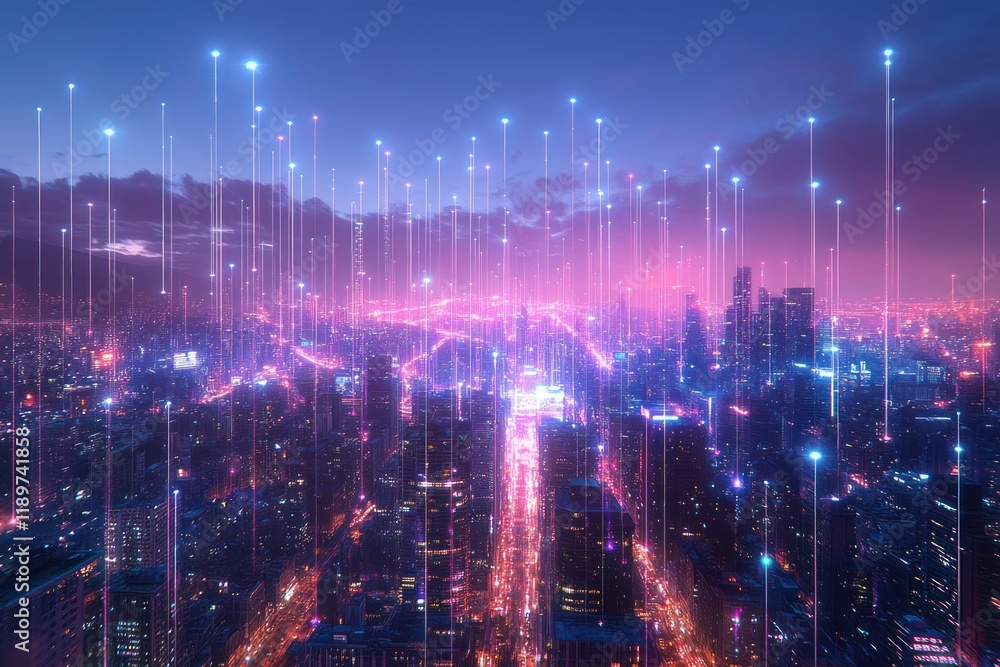 Fototapeta premium Futuristic Cityscape at Dusk with Neon Lines and Smart Technology