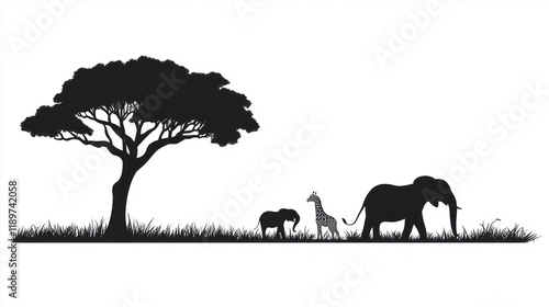 African savanna silhouette, elephant family walking, tree background, wildlife design photo